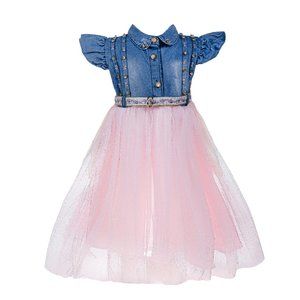 Girls Denim Top Pink Tulle Dress with Belt